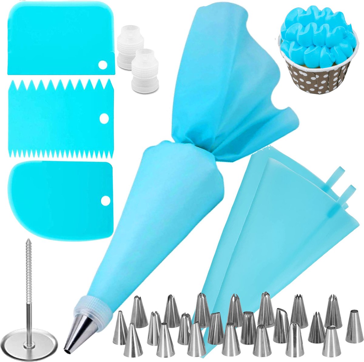 Springos Taart Decoratie Set | Taart Decoratie | 32-Delig | Inclusief Opbergdoos | Vaatwasserbestendig | Blauw